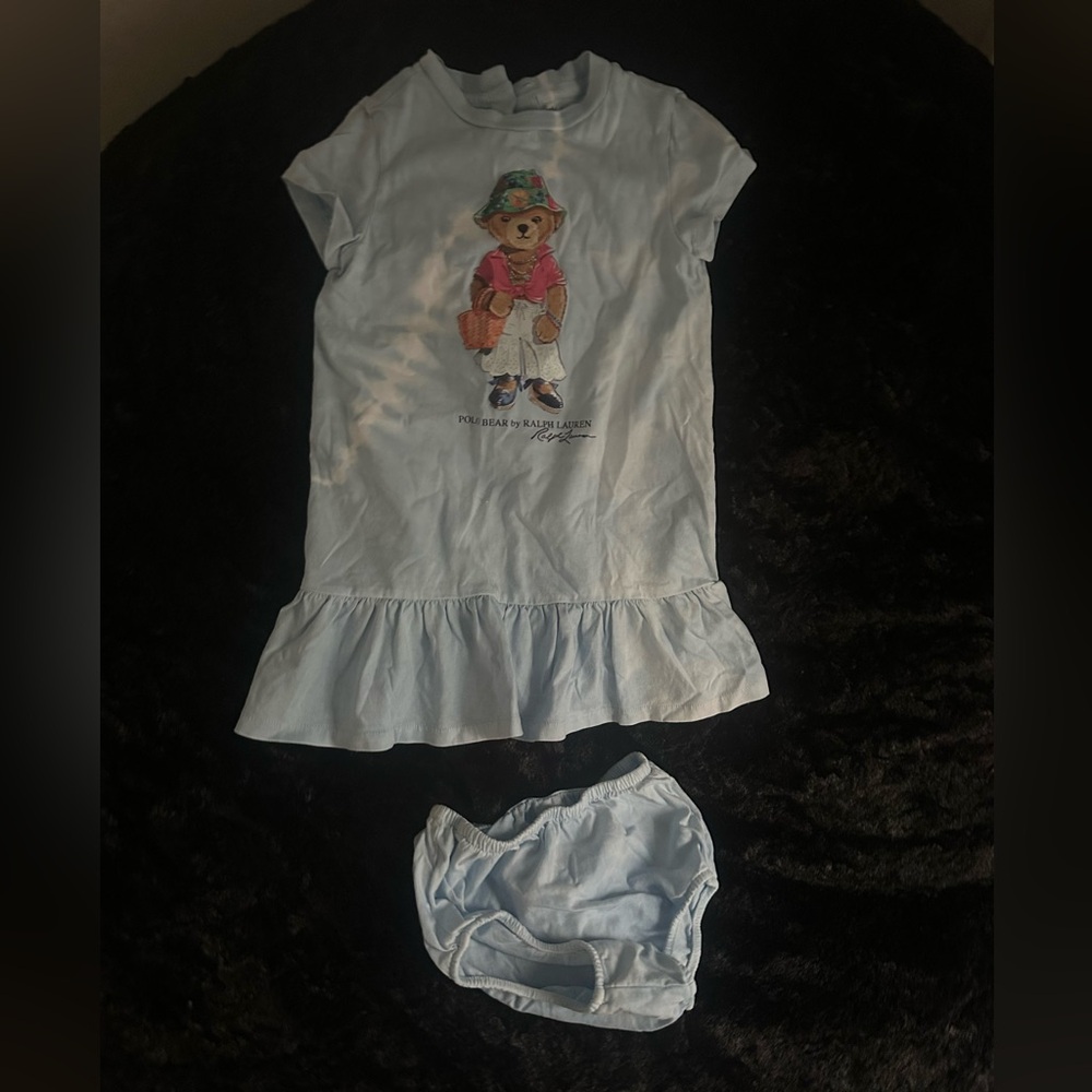 Ralph Lauren Light Blue Bear Graphic Dress Set 24m